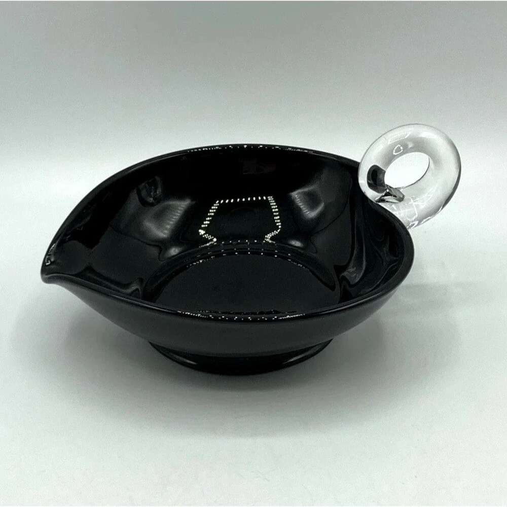 Vtg Black Glass Heart Candy Trinket Nappy Dish Applied Clear Loop Handle 6.25”